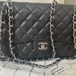 Chanel Classic Double Flap Caviar Quilted Jumbo Black Leather Shoulder Bag